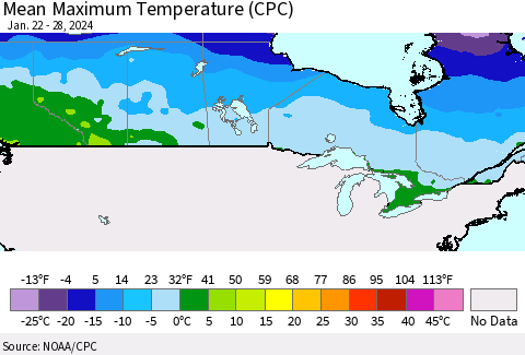 Canada Mean Maximum Temperature (CPC) Thematic Map For 1/22/2024 - 1/28/2024