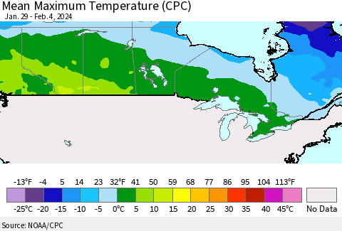 Canada Mean Maximum Temperature (CPC) Thematic Map For 1/29/2024 - 2/4/2024