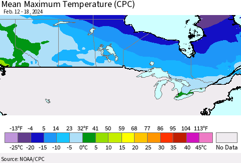Canada Mean Maximum Temperature (CPC) Thematic Map For 2/12/2024 - 2/18/2024
