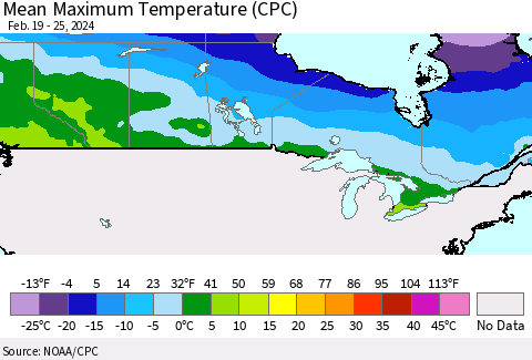 Canada Mean Maximum Temperature (CPC) Thematic Map For 2/19/2024 - 2/25/2024