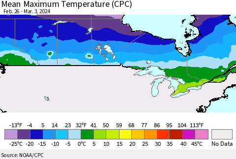 Canada Mean Maximum Temperature (CPC) Thematic Map For 2/26/2024 - 3/3/2024