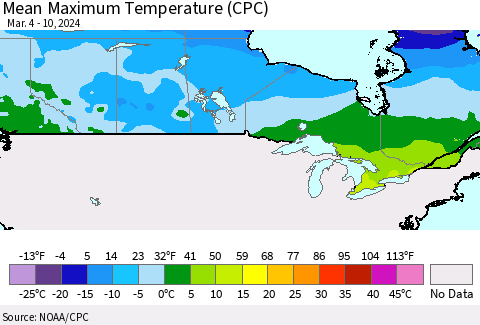 Canada Mean Maximum Temperature (CPC) Thematic Map For 3/4/2024 - 3/10/2024