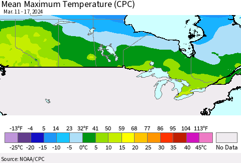 Canada Mean Maximum Temperature (CPC) Thematic Map For 3/11/2024 - 3/17/2024