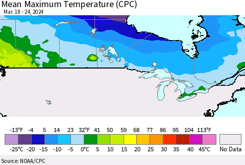 Canada Mean Maximum Temperature (CPC) Thematic Map For 3/18/2024 - 3/24/2024