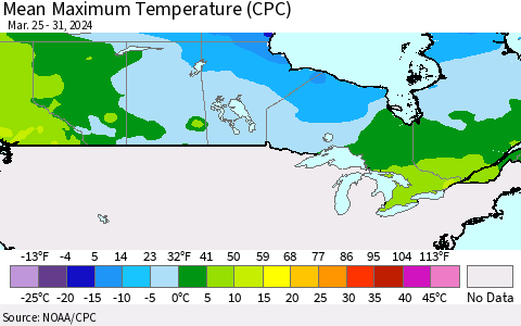 Canada Mean Maximum Temperature (CPC) Thematic Map For 3/25/2024 - 3/31/2024