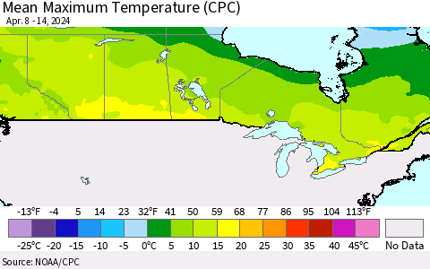 Canada Mean Maximum Temperature (CPC) Thematic Map For 4/8/2024 - 4/14/2024