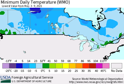 Canada Minimum Daily Temperature (WMO) Thematic Map For 5/3/2021 - 5/9/2021