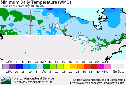 Canada Minimum Daily Temperature (WMO) Thematic Map For 5/10/2021 - 5/16/2021