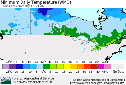 Canada Minimum Daily Temperature (WMO) Thematic Map For 5/17/2021 - 5/23/2021