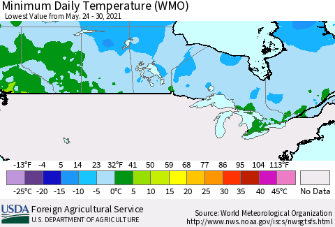 Canada Minimum Daily Temperature (WMO) Thematic Map For 5/24/2021 - 5/30/2021