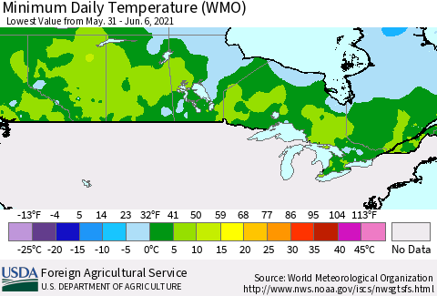 Canada Minimum Daily Temperature (WMO) Thematic Map For 5/31/2021 - 6/6/2021