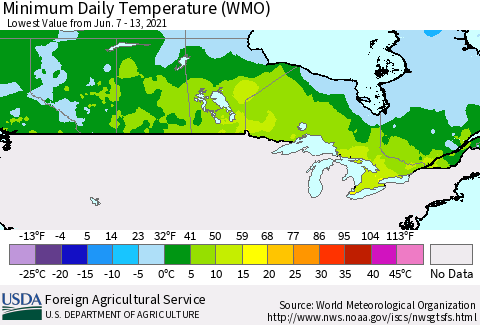 Canada Minimum Daily Temperature (WMO) Thematic Map For 6/7/2021 - 6/13/2021
