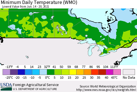 Canada Minimum Daily Temperature (WMO) Thematic Map For 6/14/2021 - 6/20/2021