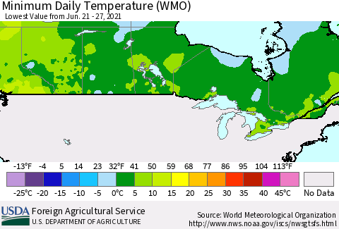 Canada Minimum Daily Temperature (WMO) Thematic Map For 6/21/2021 - 6/27/2021
