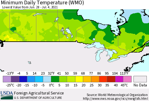 Canada Minimum Daily Temperature (WMO) Thematic Map For 6/28/2021 - 7/4/2021