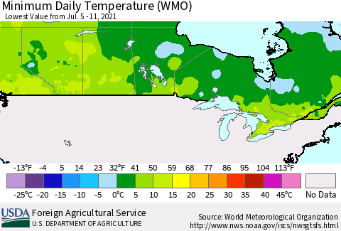 Canada Minimum Daily Temperature (WMO) Thematic Map For 7/5/2021 - 7/11/2021