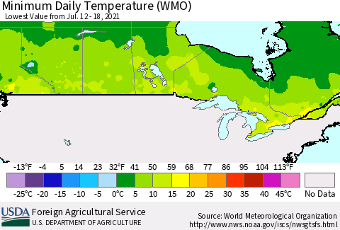 Canada Minimum Daily Temperature (WMO) Thematic Map For 7/12/2021 - 7/18/2021
