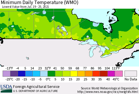 Canada Minimum Daily Temperature (WMO) Thematic Map For 7/19/2021 - 7/25/2021