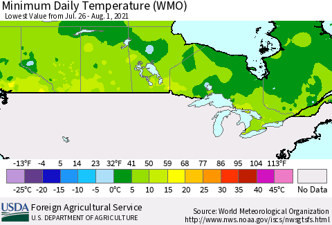 Canada Minimum Daily Temperature (WMO) Thematic Map For 7/26/2021 - 8/1/2021