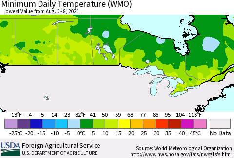 Canada Minimum Daily Temperature (WMO) Thematic Map For 8/2/2021 - 8/8/2021