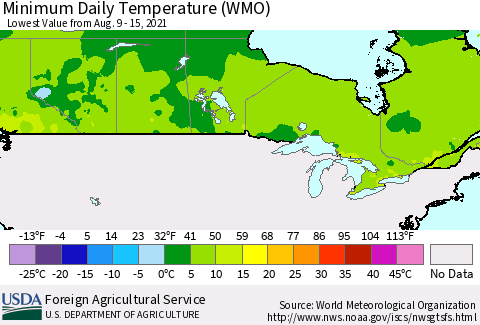 Canada Minimum Daily Temperature (WMO) Thematic Map For 8/9/2021 - 8/15/2021