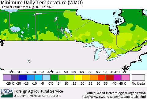 Canada Minimum Daily Temperature (WMO) Thematic Map For 8/16/2021 - 8/22/2021