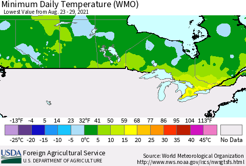 Canada Minimum Daily Temperature (WMO) Thematic Map For 8/23/2021 - 8/29/2021