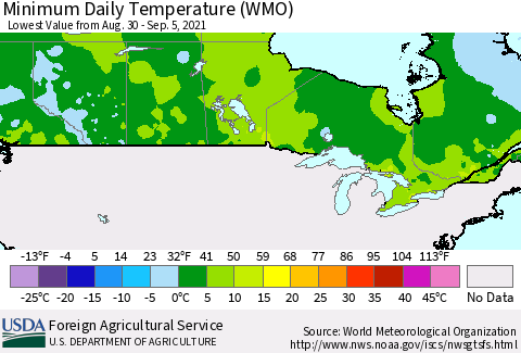 Canada Minimum Daily Temperature (WMO) Thematic Map For 8/30/2021 - 9/5/2021