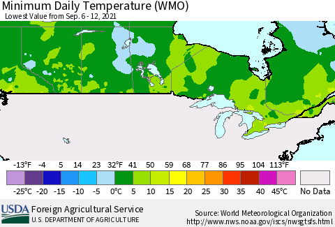 Canada Minimum Daily Temperature (WMO) Thematic Map For 9/6/2021 - 9/12/2021