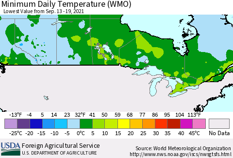 Canada Minimum Daily Temperature (WMO) Thematic Map For 9/13/2021 - 9/19/2021