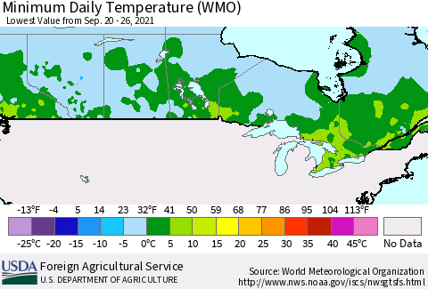 Canada Minimum Daily Temperature (WMO) Thematic Map For 9/20/2021 - 9/26/2021