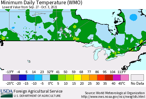 Canada Minimum Daily Temperature (WMO) Thematic Map For 9/27/2021 - 10/3/2021