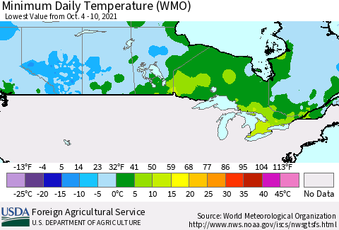 Canada Minimum Daily Temperature (WMO) Thematic Map For 10/4/2021 - 10/10/2021