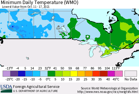 Canada Minimum Daily Temperature (WMO) Thematic Map For 10/11/2021 - 10/17/2021