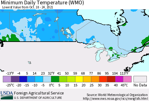 Canada Minimum Daily Temperature (WMO) Thematic Map For 10/18/2021 - 10/24/2021