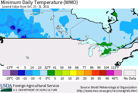Canada Minimum Daily Temperature (WMO) Thematic Map For 10/25/2021 - 10/31/2021