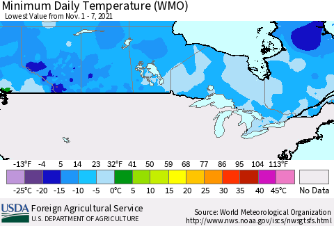 Canada Minimum Daily Temperature (WMO) Thematic Map For 11/1/2021 - 11/7/2021