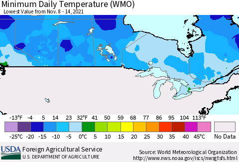 Canada Minimum Daily Temperature (WMO) Thematic Map For 11/8/2021 - 11/14/2021