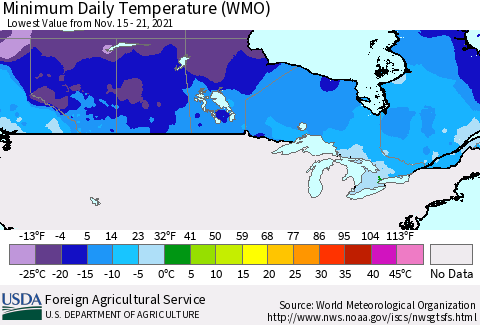 Canada Minimum Daily Temperature (WMO) Thematic Map For 11/15/2021 - 11/21/2021