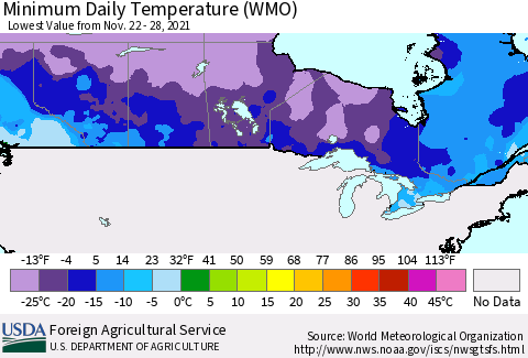 Canada Minimum Daily Temperature (WMO) Thematic Map For 11/22/2021 - 11/28/2021