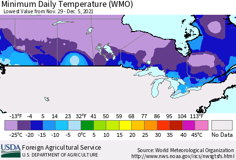 Canada Minimum Daily Temperature (WMO) Thematic Map For 11/29/2021 - 12/5/2021
