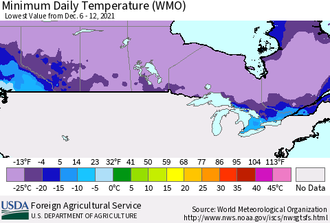 Canada Minimum Daily Temperature (WMO) Thematic Map For 12/6/2021 - 12/12/2021
