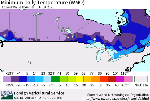 Canada Minimum Daily Temperature (WMO) Thematic Map For 12/13/2021 - 12/19/2021