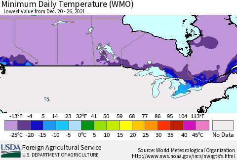 Canada Minimum Daily Temperature (WMO) Thematic Map For 12/20/2021 - 12/26/2021