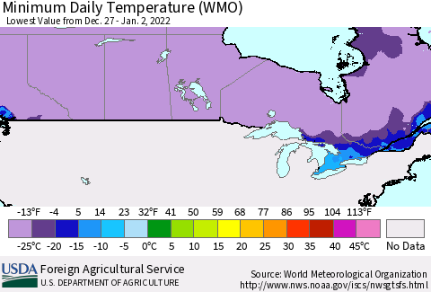 Canada Minimum Daily Temperature (WMO) Thematic Map For 12/27/2021 - 1/2/2022