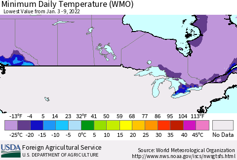Canada Minimum Daily Temperature (WMO) Thematic Map For 1/3/2022 - 1/9/2022