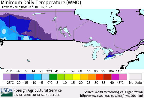 Canada Minimum Daily Temperature (WMO) Thematic Map For 1/10/2022 - 1/16/2022
