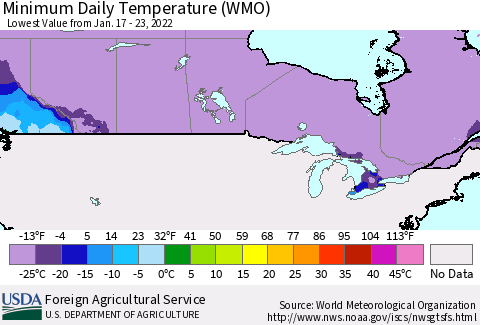 Canada Minimum Daily Temperature (WMO) Thematic Map For 1/17/2022 - 1/23/2022