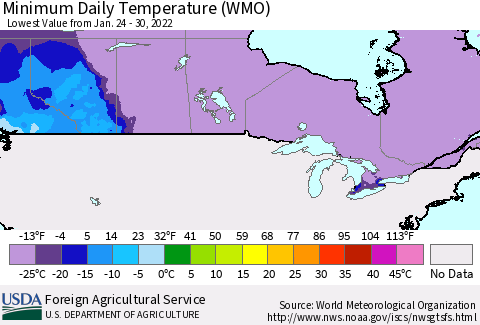 Canada Minimum Daily Temperature (WMO) Thematic Map For 1/24/2022 - 1/30/2022