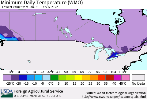 Canada Minimum Daily Temperature (WMO) Thematic Map For 1/31/2022 - 2/6/2022